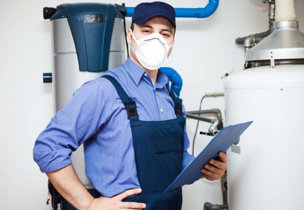 Man wearing facemask checking a water heater tank